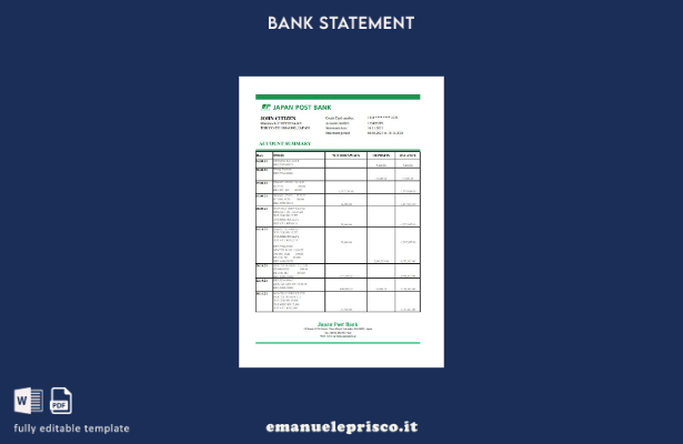 modello Excel di estratto conto bancario Japan Post in stile verificato